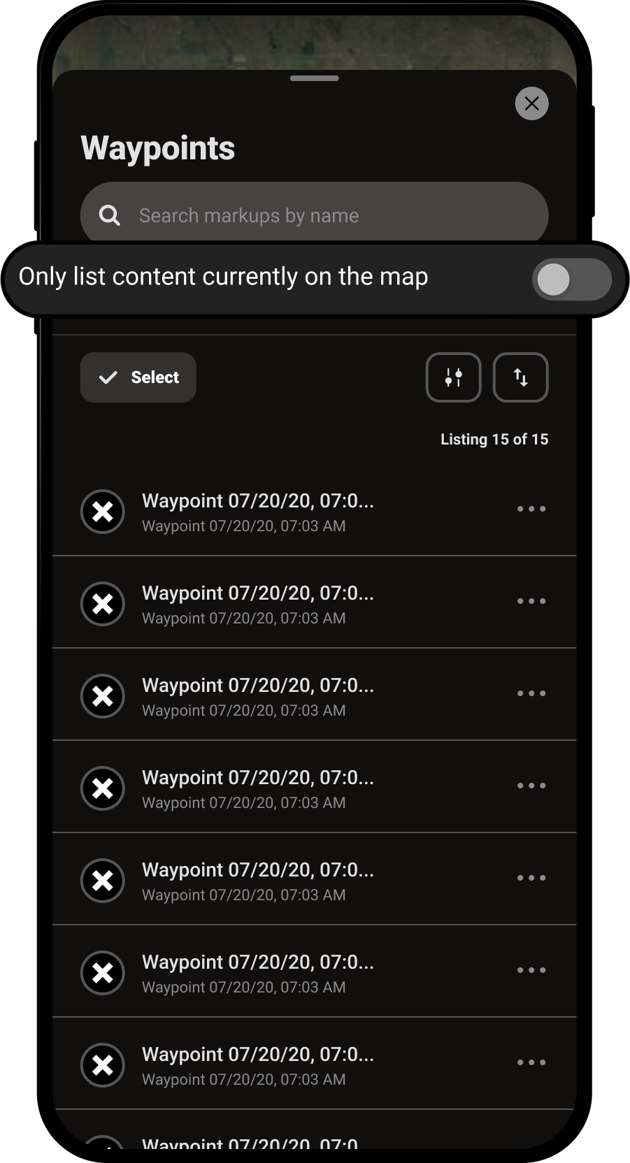 Only list content currently on the map Waypoints Menu Offroad App.png