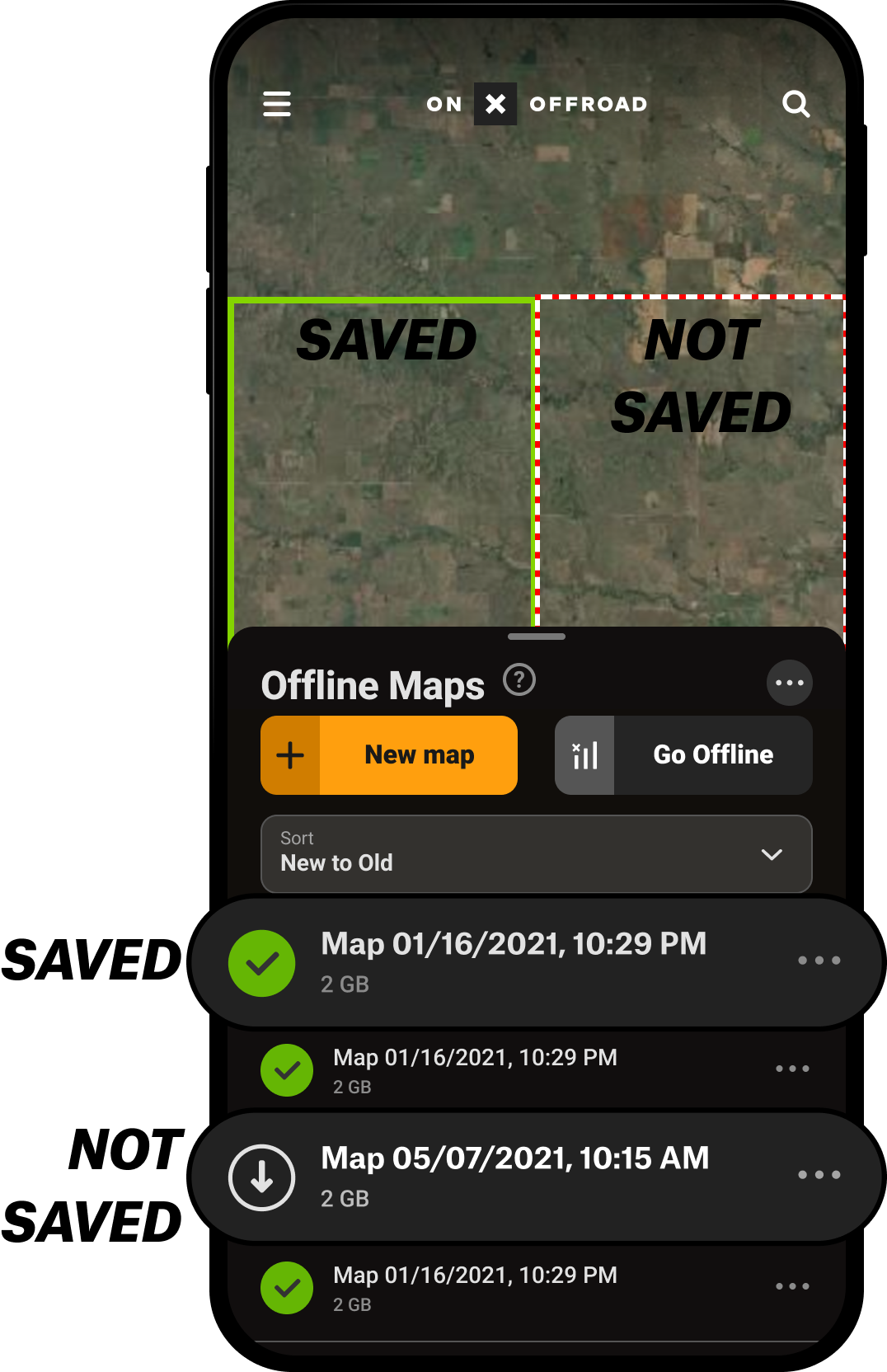 Saved and Unsaved Maps Offline Maps Menu Offroad App.png