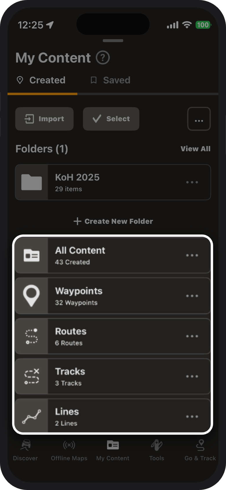 My Content menu showing Markups organized by type in the onX Offroad App