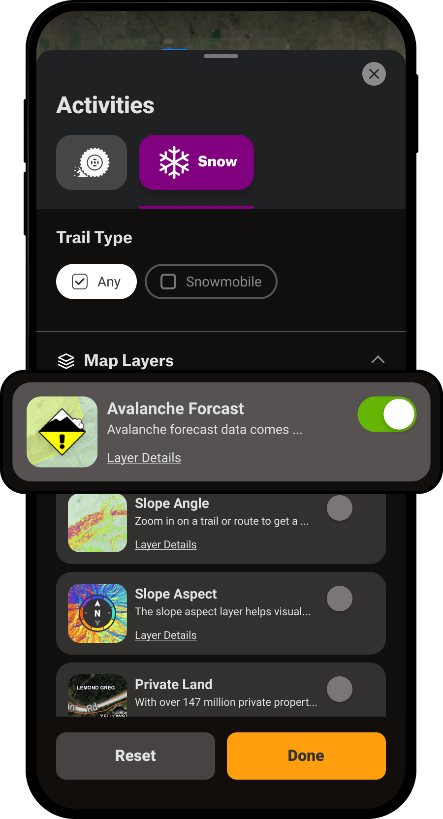 Avalanche Forecast layer icon in the Snow category of the onX Offroad App Layers menu