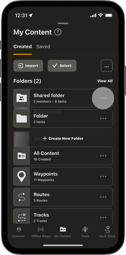 Manage Access screen for a shared Folder in the onX Offroad App