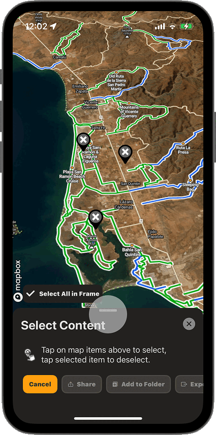 Selecting multiple Markups in the onX Offroad App My Content menu to share