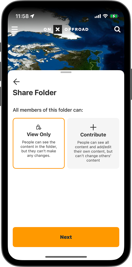 Folder sharing permission options showing View-only and Contribute in the onX Offroad App
