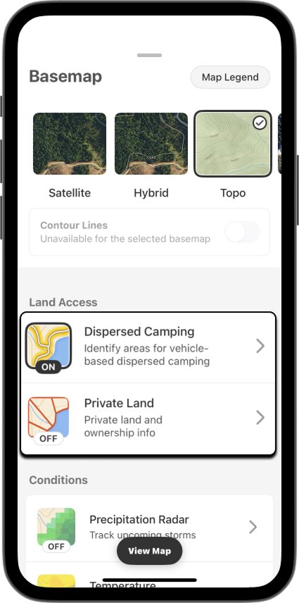 Layers menu in the onX Offroad App showing available Map Layers