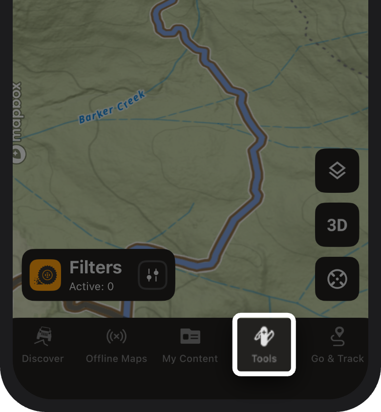 Tools button at the bottom of the onX Offroad App map screen